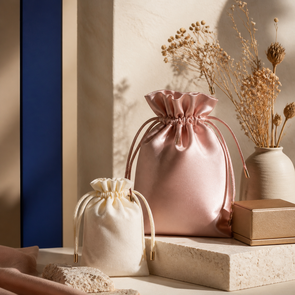 Custom satin and cotton packaging bags in an editorial studio setting
