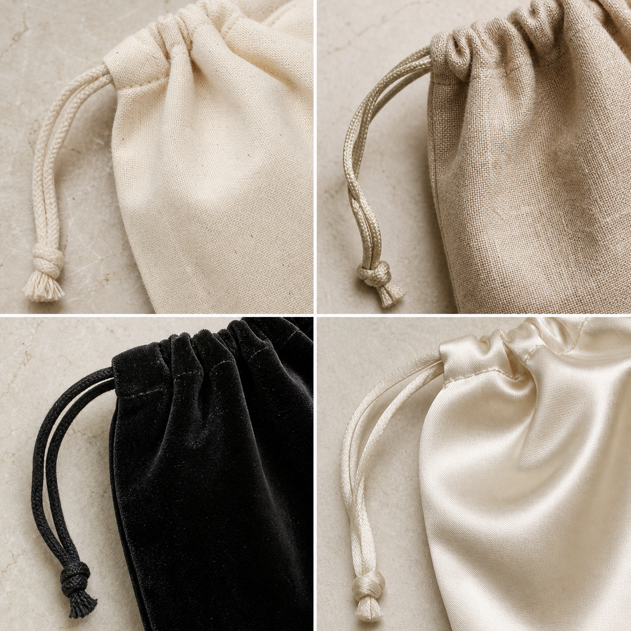 Cotton, velvet and satin bag material details