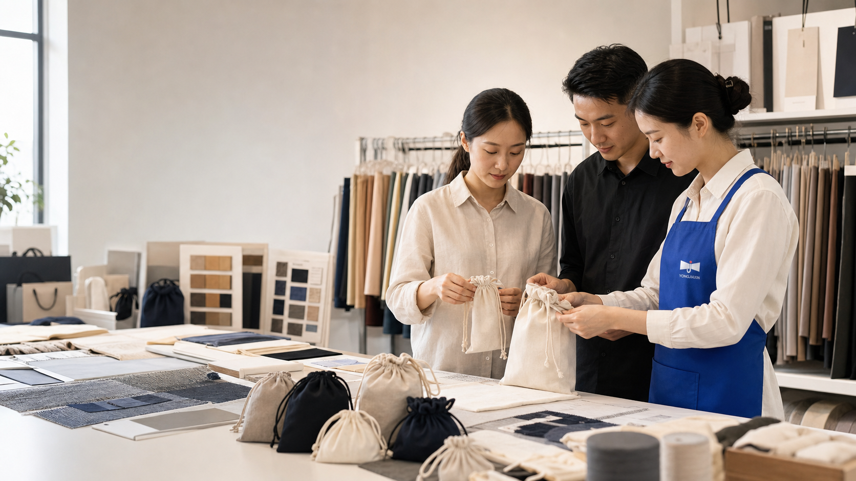 YJX production team supporting custom fabric bag quality checks