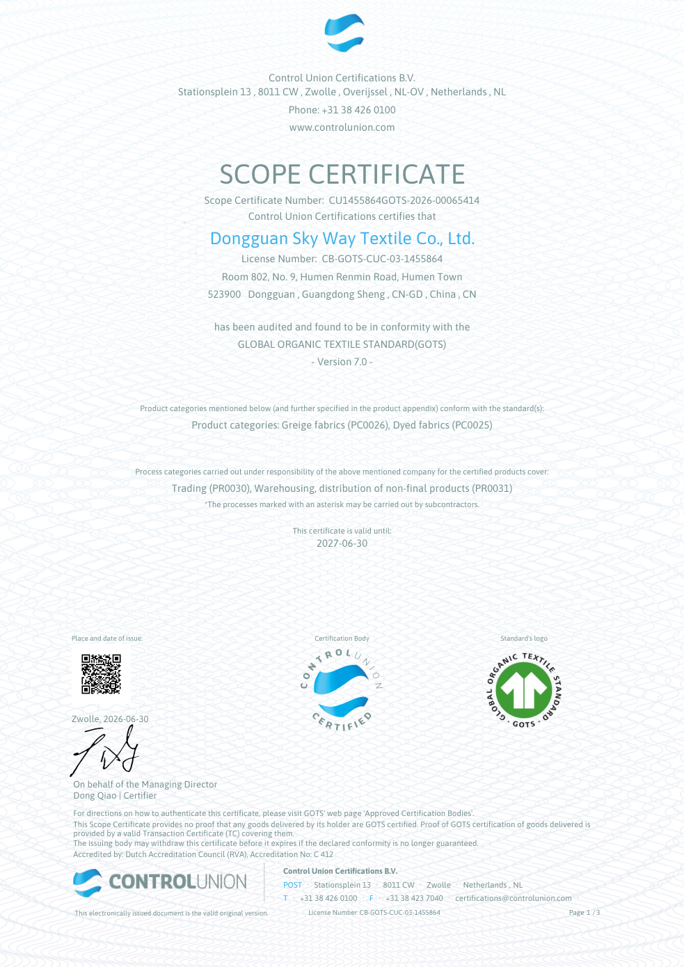 GOTS scope certificate for YJX material supply partner, valid to 30 June 2027