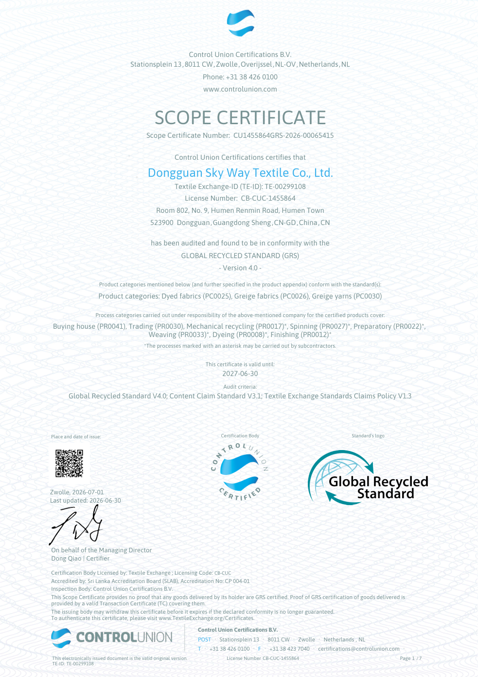 GRS scope certificate for YJX material supply partner, valid to 30 June 2027