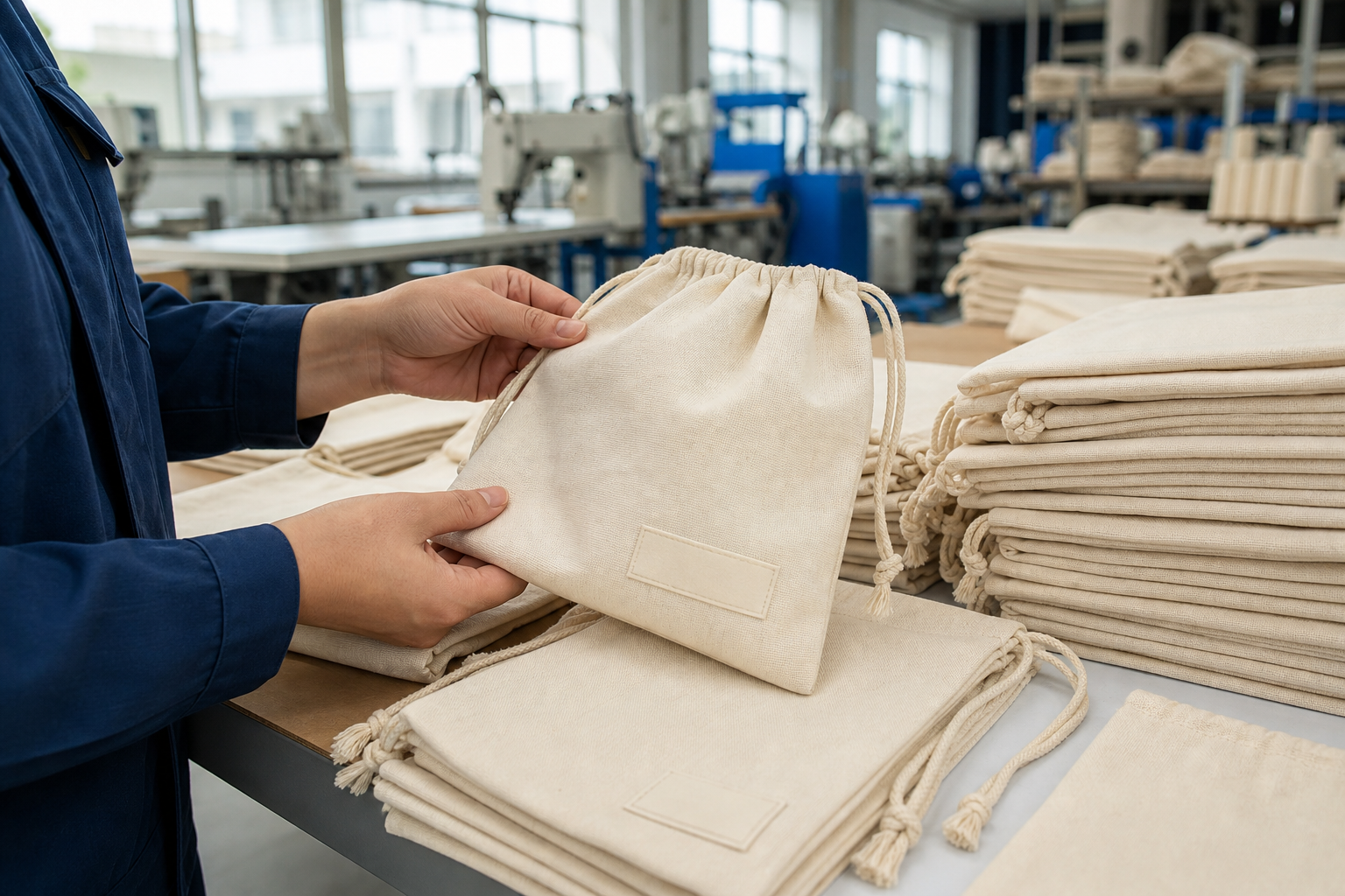 Cotton drawstring bags being checked in a packaging workshop
