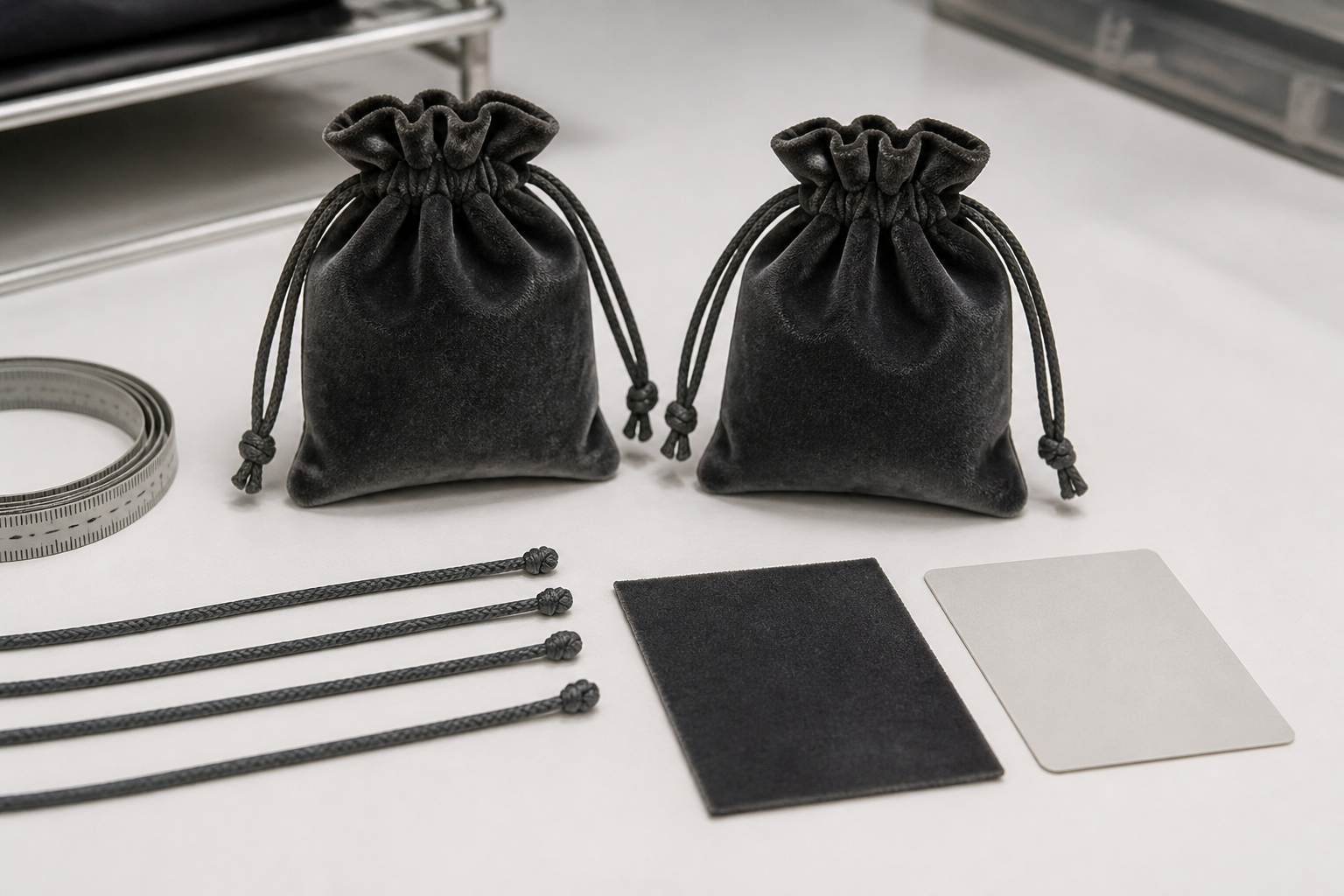 Matching velvet pouch samples and construction details reviewed for a repeat order