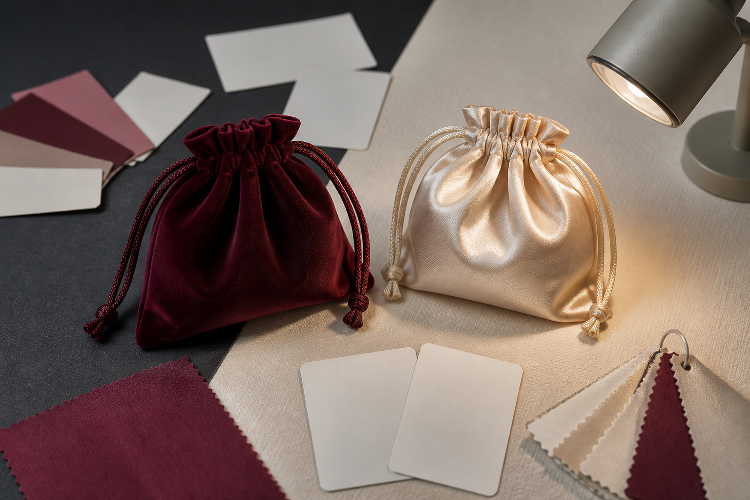 Velvet and satin pouches checked against colour references under controlled light