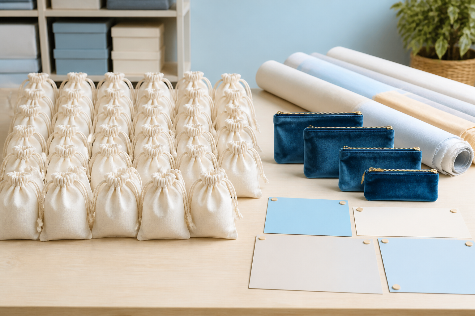 Different production quantities and fabric pouch types prepared for a sourcing comparison