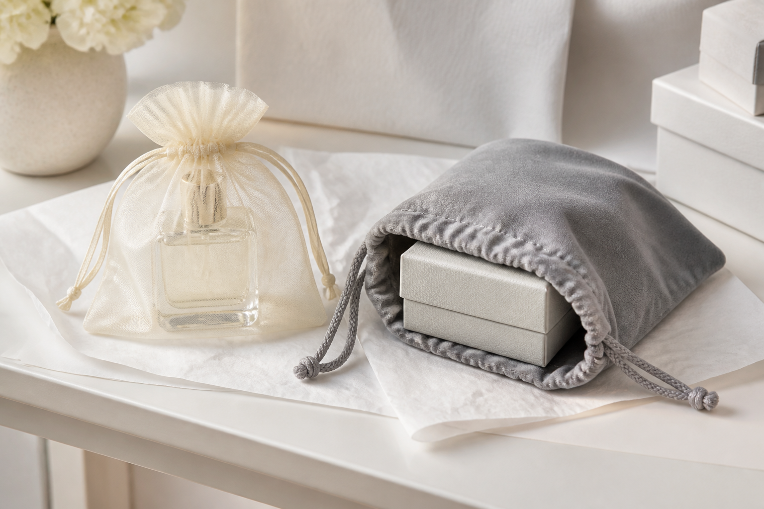 Organza and velvet pouches protecting fragrance and jewelry packaging items
