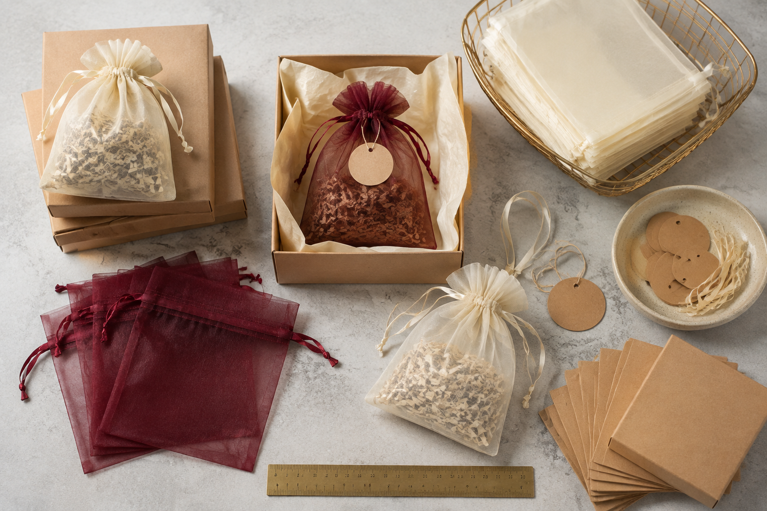Wholesale organza favor bags, gift boxes and packing materials prepared for an event order