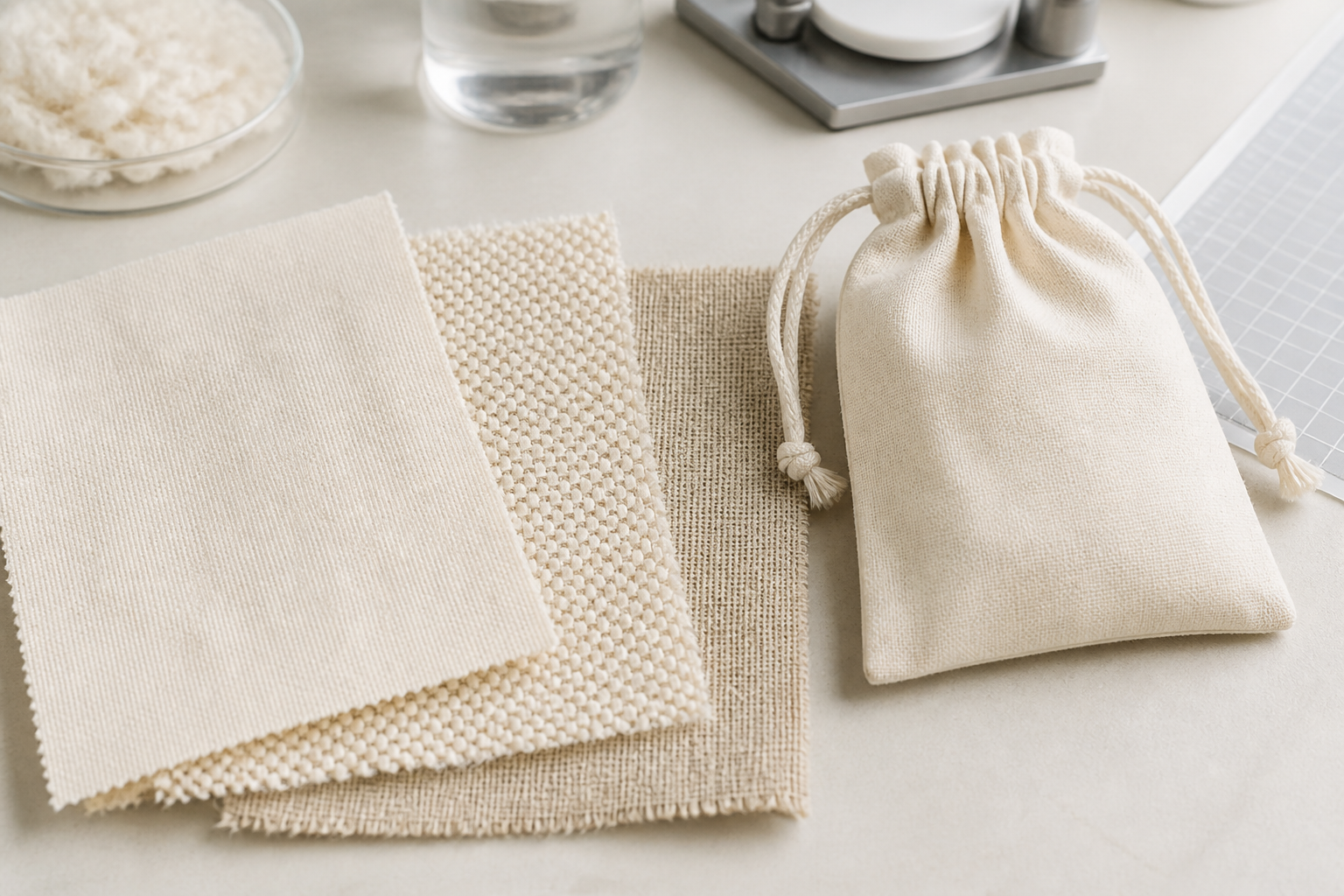 Fabric pouch and material swatches reviewed for sustainable sourcing information