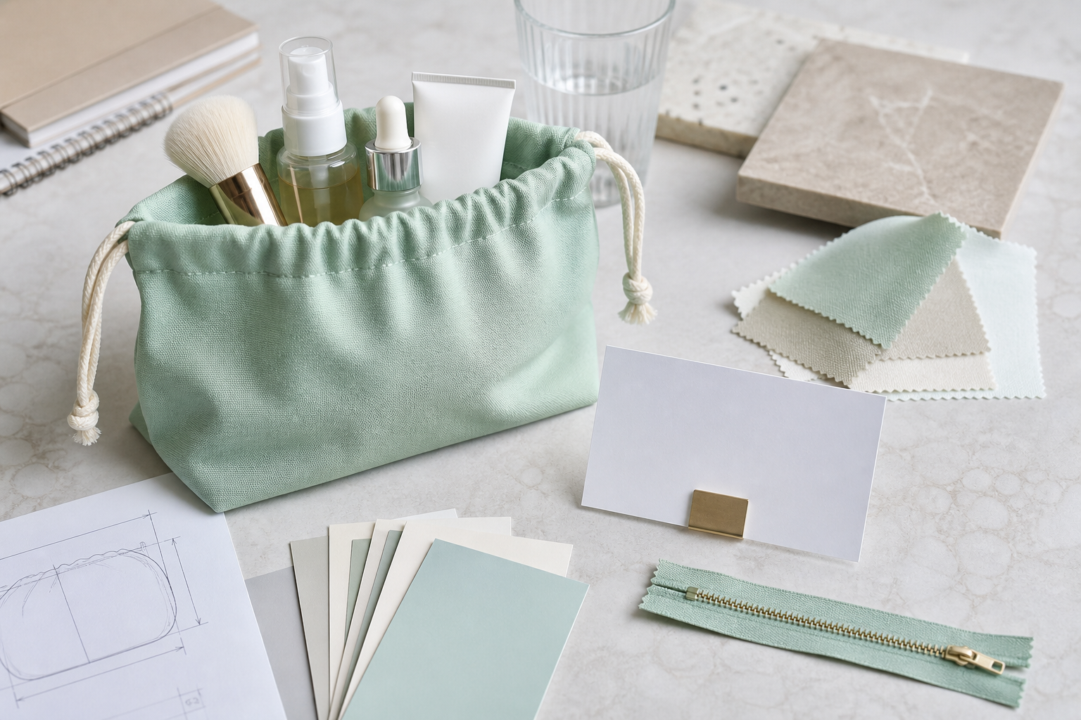 Unbranded mint cotton cosmetic pouch with skincare products, colour cards and construction samples