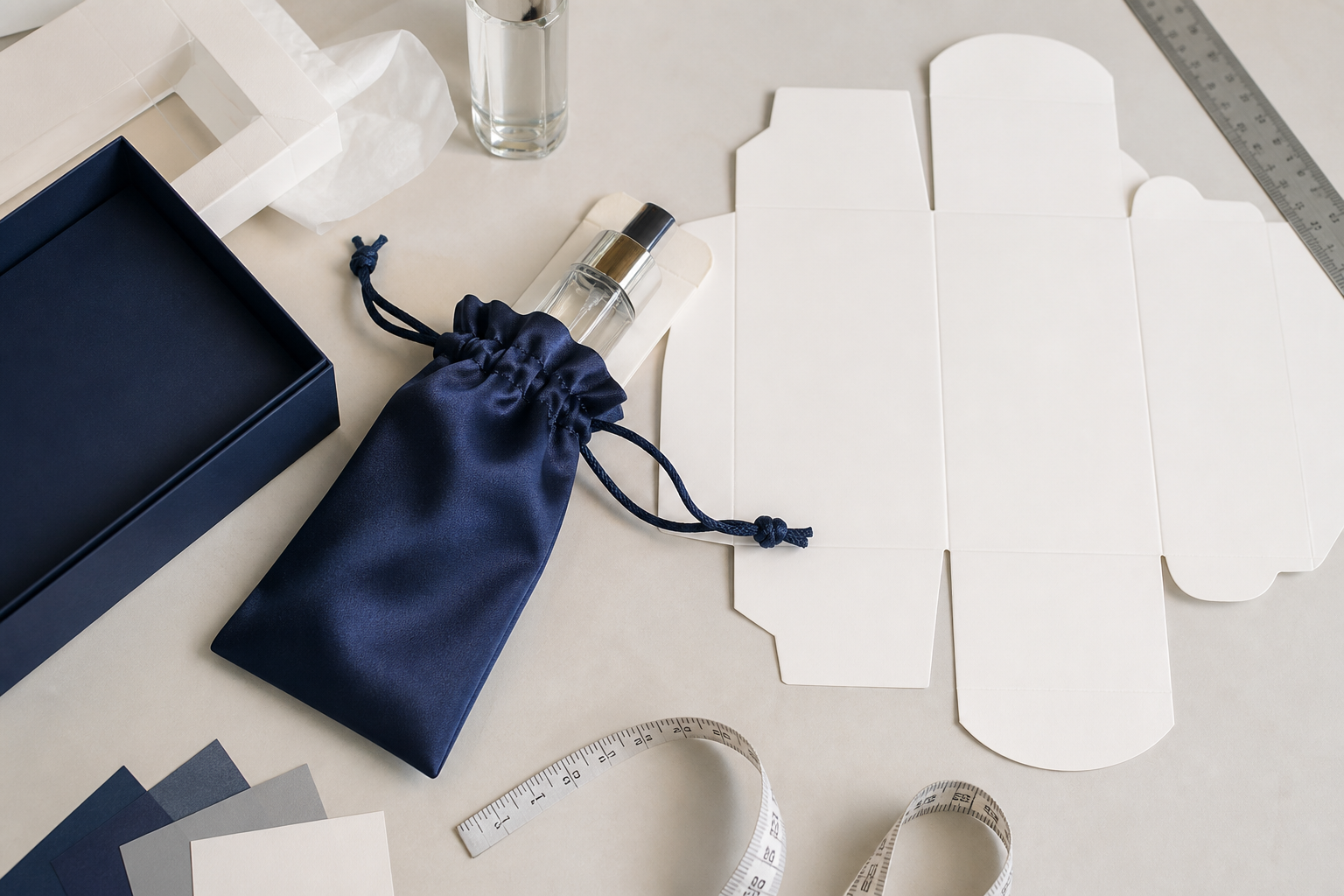 Unbranded navy satin fragrance pouch being checked with a travel perfume bottle and size template