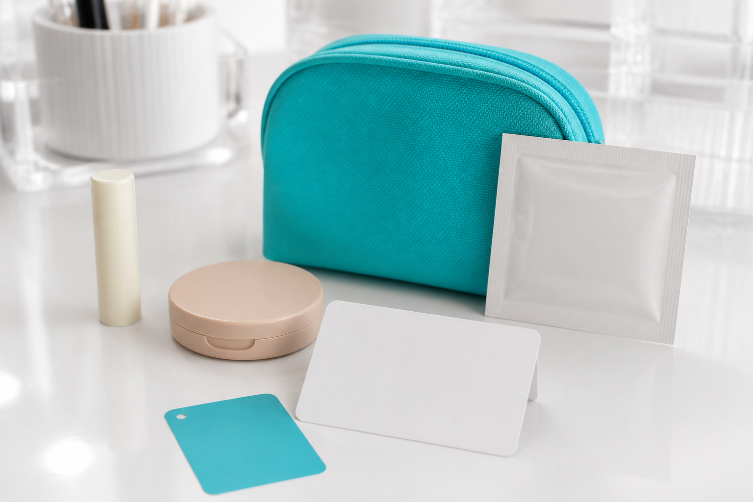 Unbranded cosmetic items, turquoise pouch and packaging colour sample prepared for review