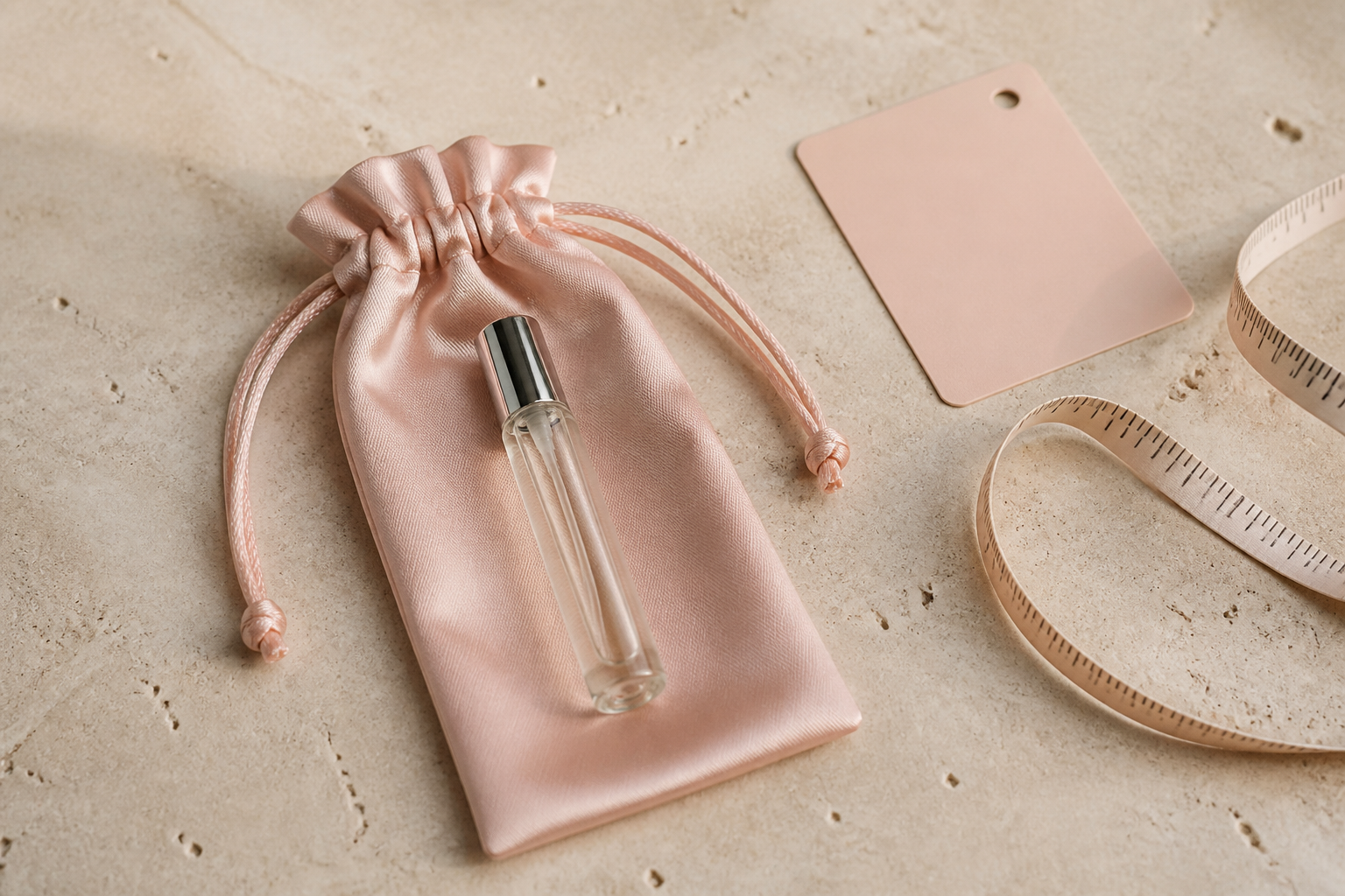 Unbranded fragrance pouch sample, bottle and colour swatch for an OEM packaging review