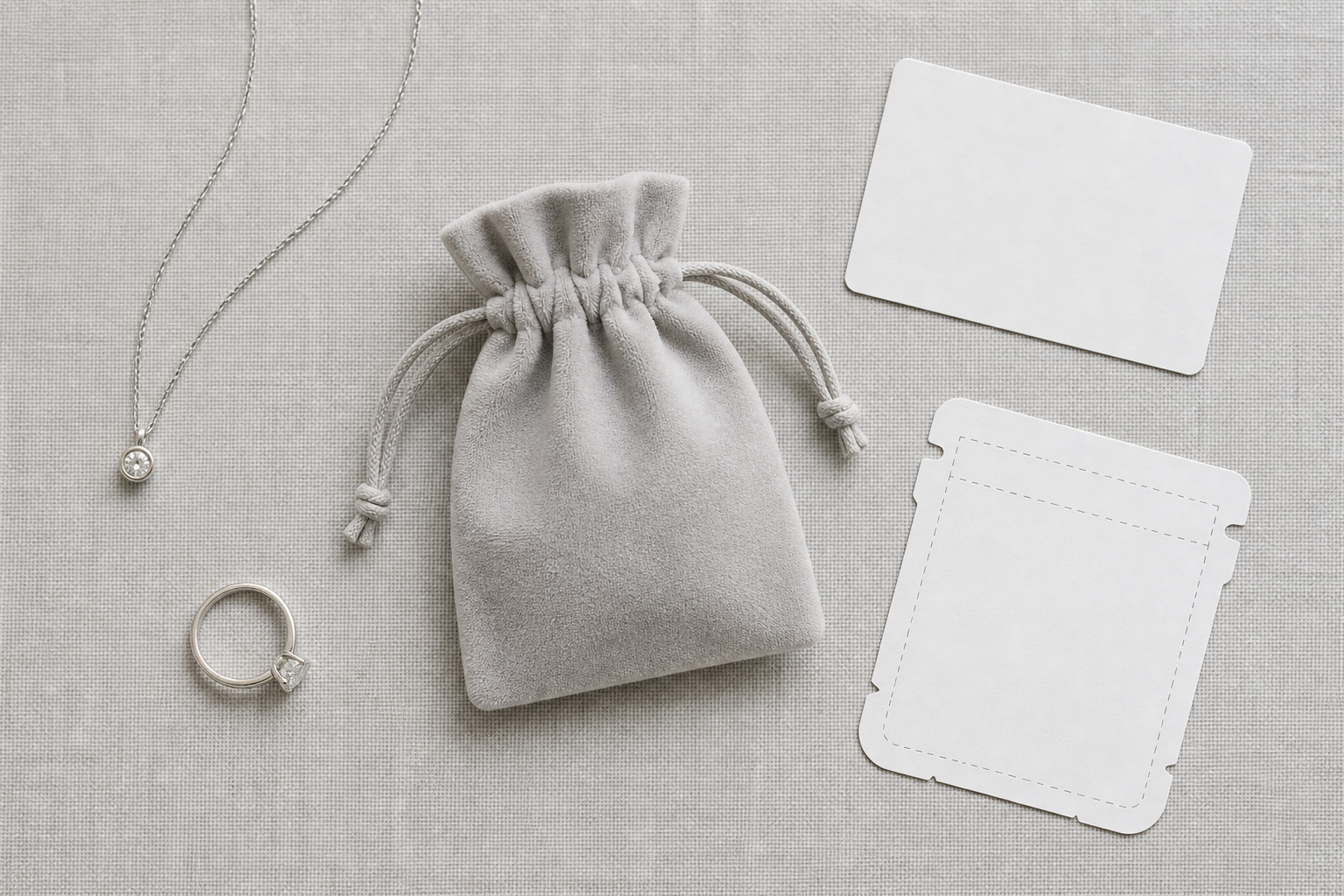 Unbranded jewelry pouch sample, necklace, ring and size template on a work surface