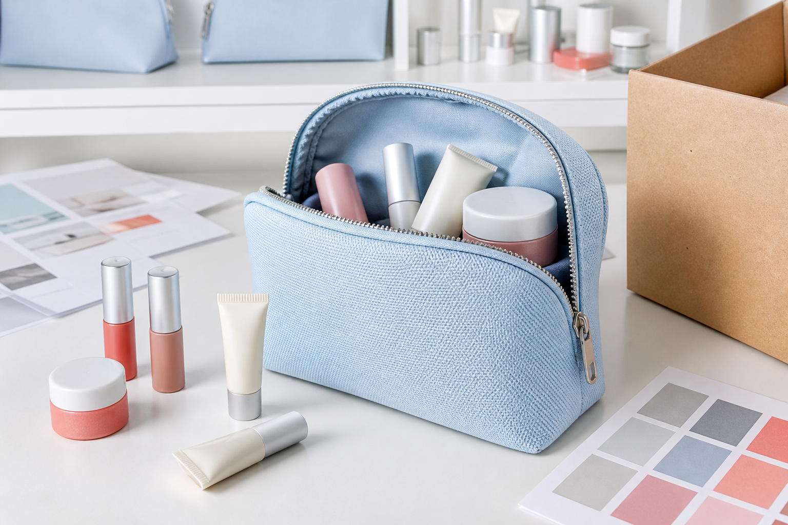 Cosmetic items arranged in a custom zipper pouch beside colour and packaging sample materials