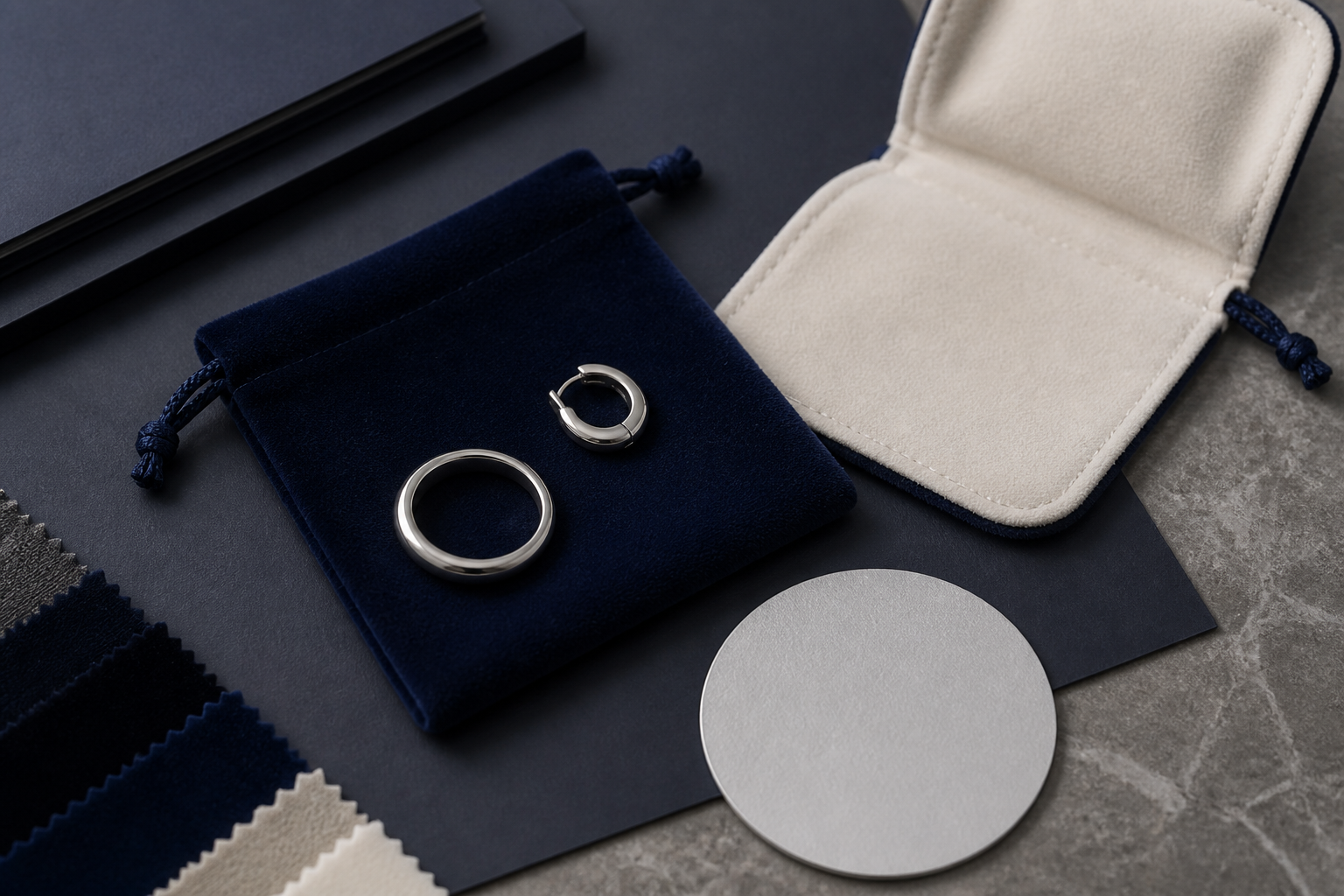 Velvet jewelry pouch, jewelry pieces and size sample for a custom packaging program