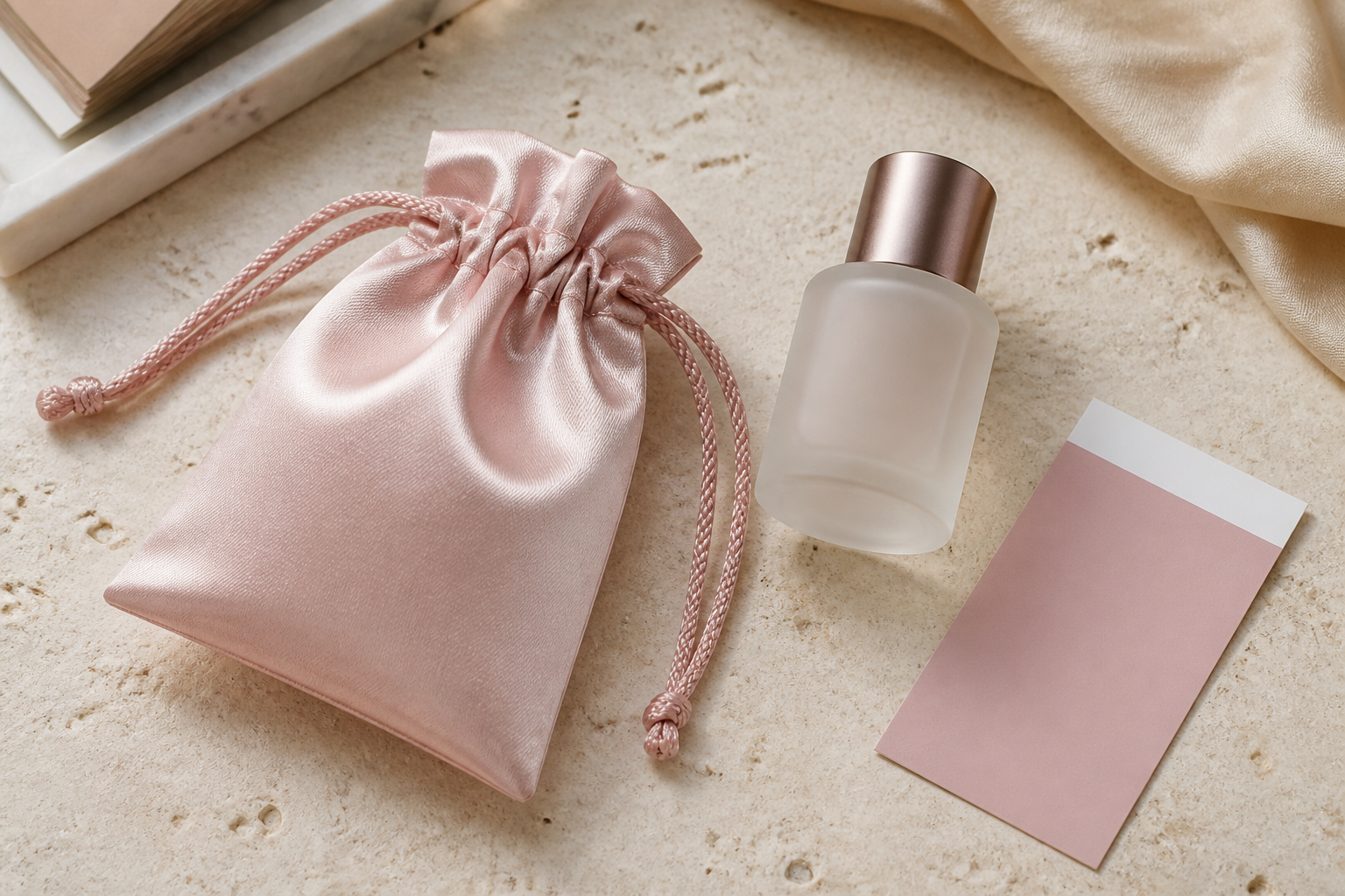 Satin pouch and fragrance packaging sample reviewed for an OEM perfume project