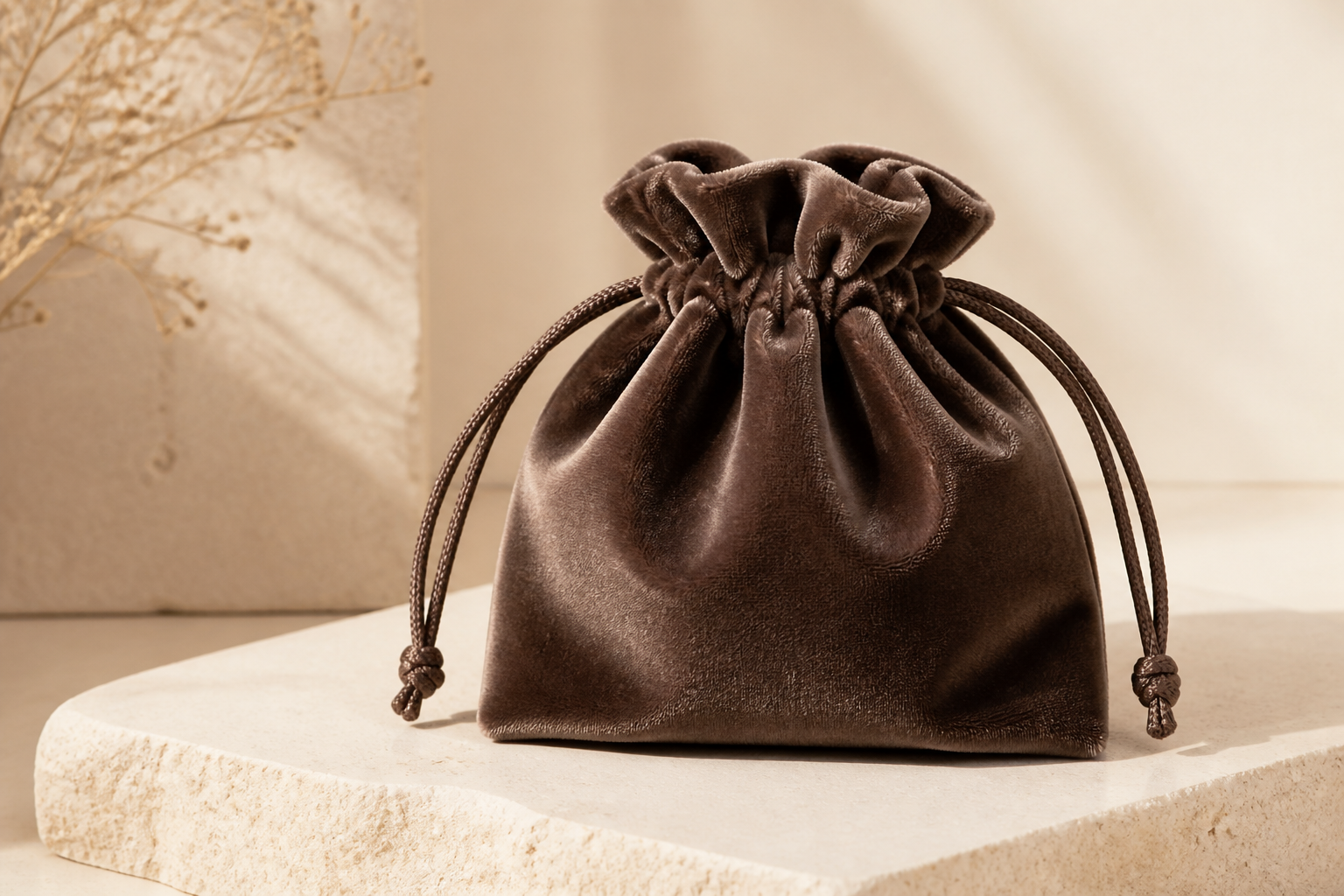 Velvet drawstring pouch for premium soft-product packaging