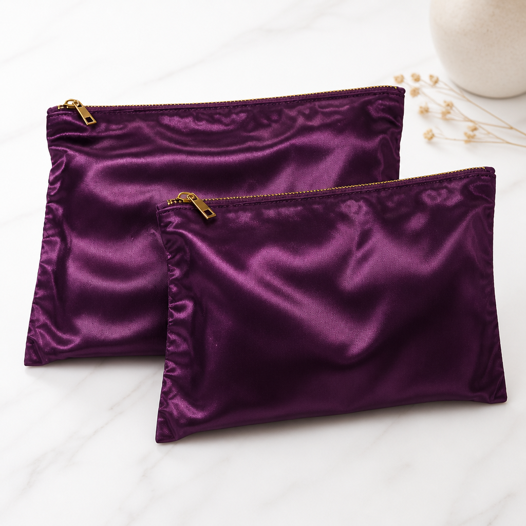 Purple Satin Zipper Cosmetic Pouch